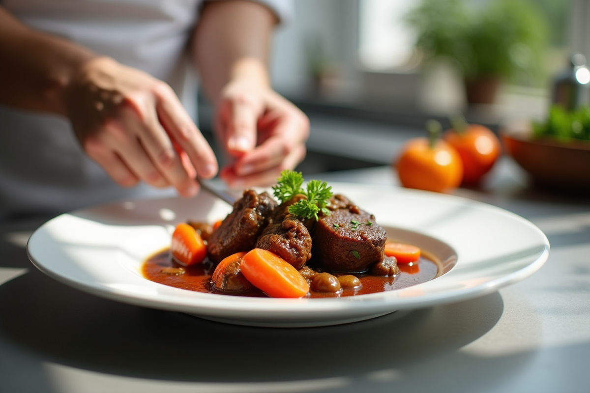 Chef dressant le ragoût de boeuf et carottes dans une assiette blanche