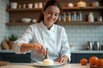 Femme chef préparant une espuma dans une cuisine moderne