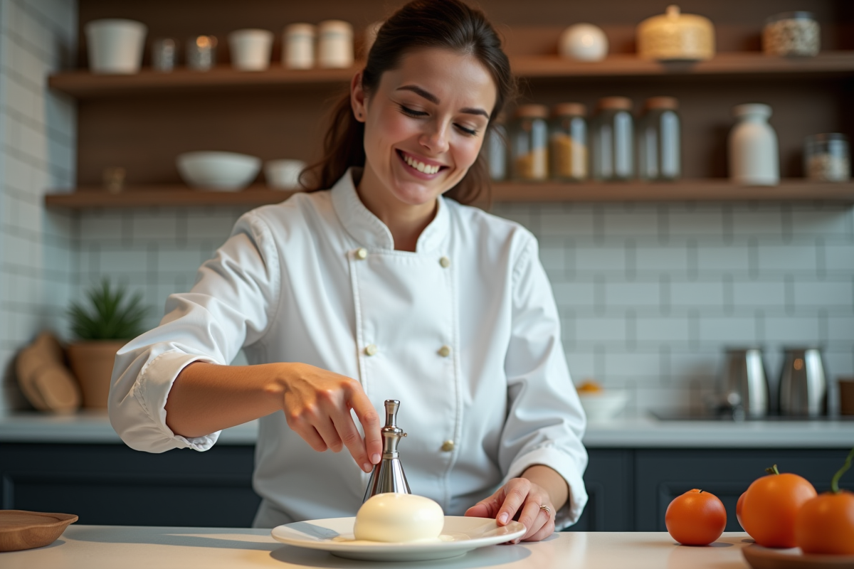 Femme chef préparant une espuma dans une cuisine moderne
