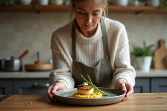 Femme chef élégante dressant des coquilles Saint-Jacques