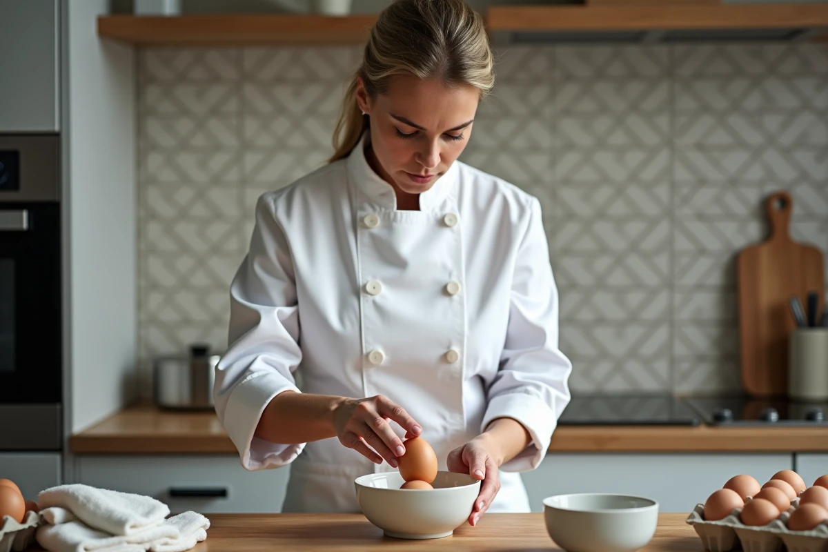 Chef femme en blanc dépose un œuf dans un bol d'eau