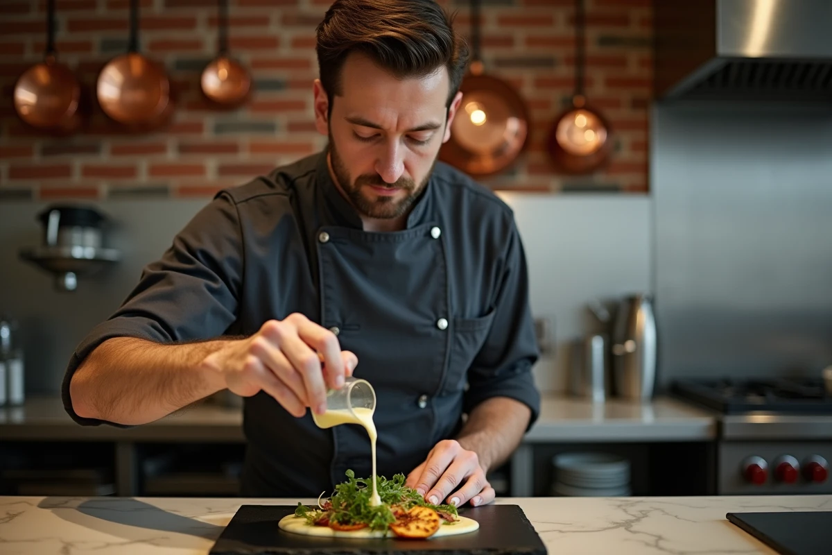 Chef en cuisine gastronomique dressant une assiette avec une mayonnaise maison à l'aide d'un flacon doseur sur une planche en ardoise