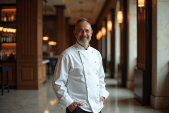 Chef élégant dans un restaurant étoilé avec ambiance raffinée