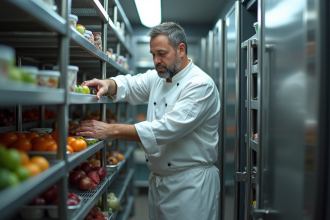Chef en uniforme blanc organisant un frigo professionnel
