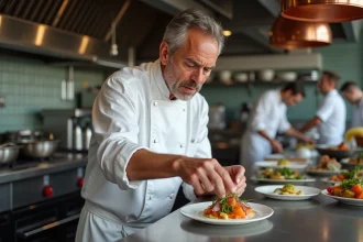 Chef étoilé en train de dresser un plat gastronomique dans la cuisine d'un restaurant marseillais