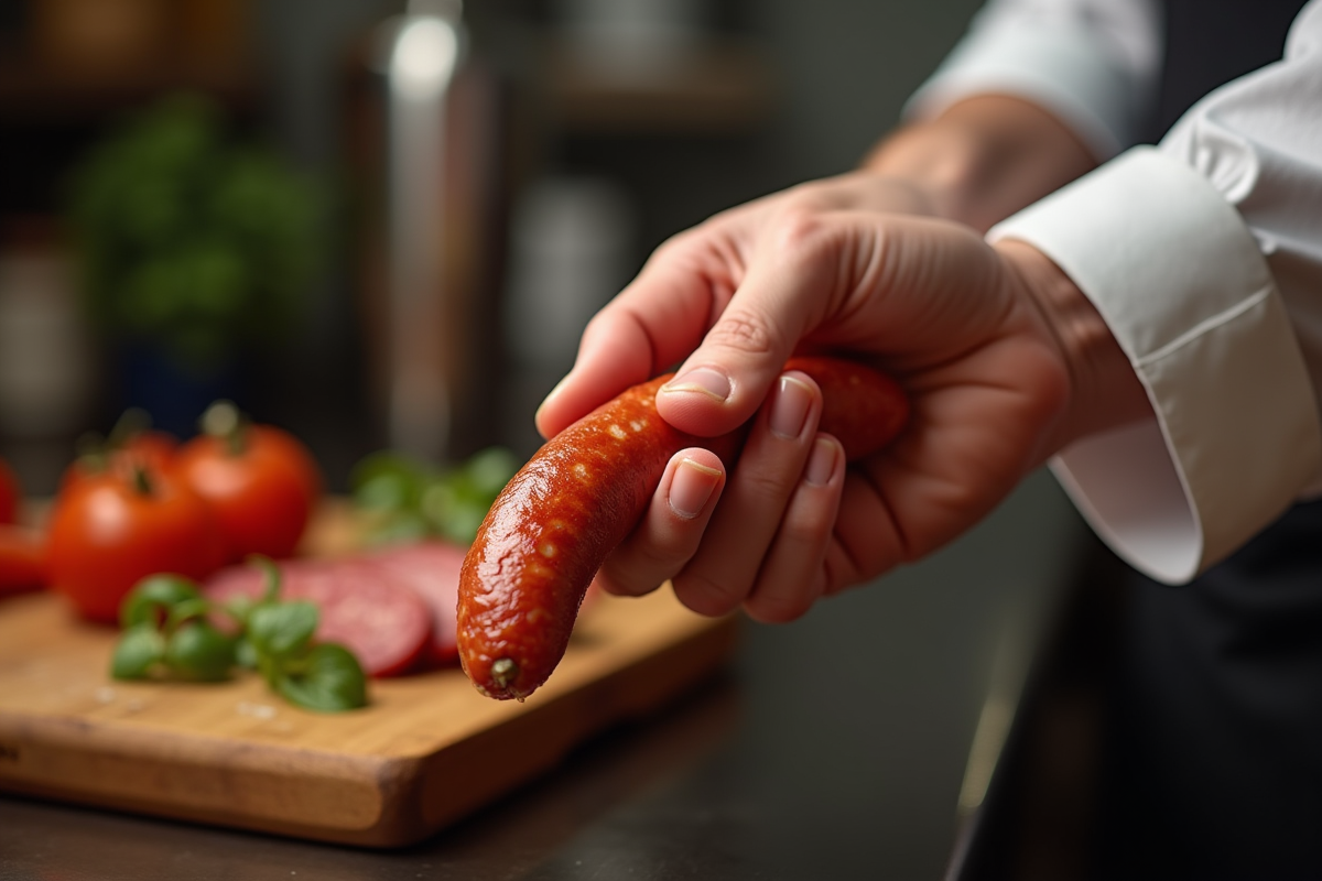 Chef tenant un chorizo dans une cuisine professionnelle