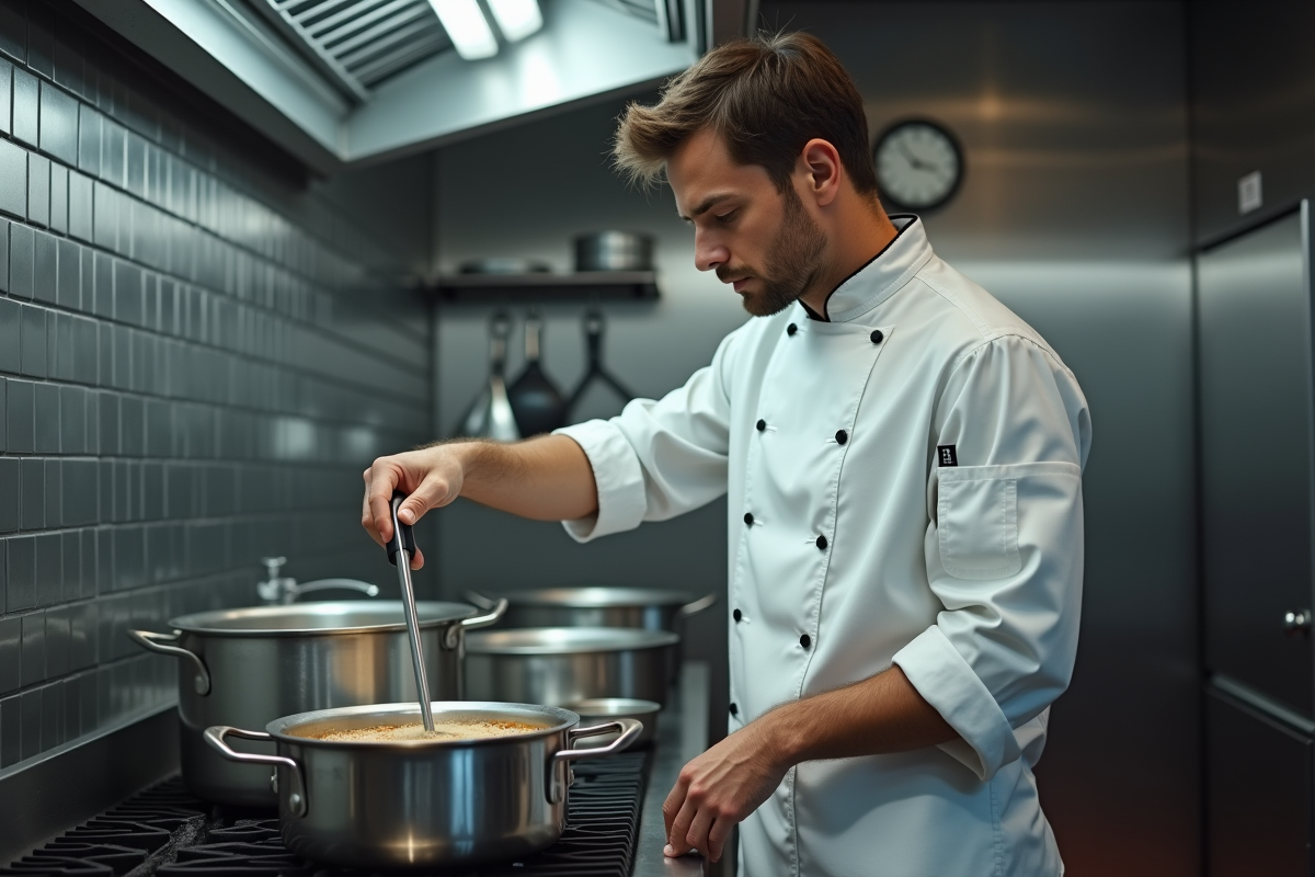 Jeune chef controle la cuisson avec un thermometre