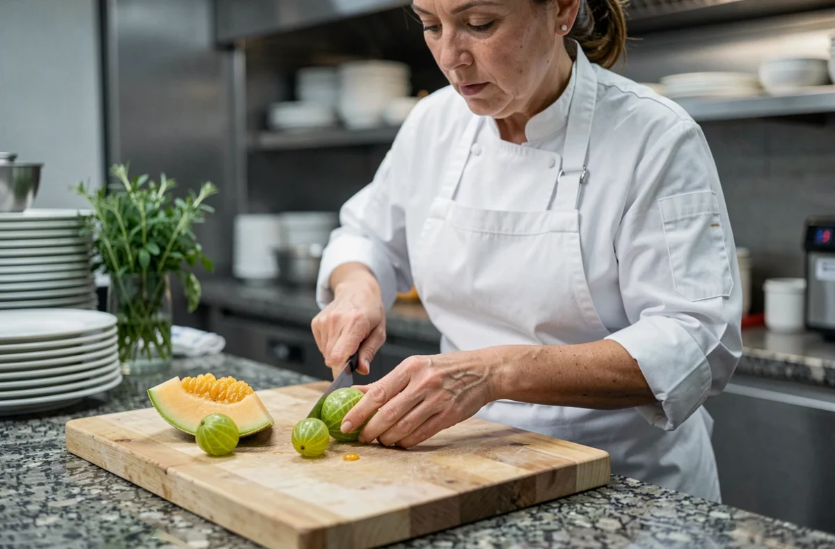 Cheffe cuisinière découpant des fruits en I comme la groseille indienne et le melon glacé en cuisine professionnelle
