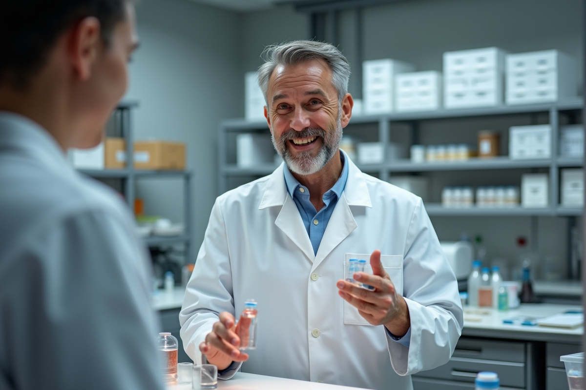 Chercheur en laboratoire expliquant un liquide sans couleur