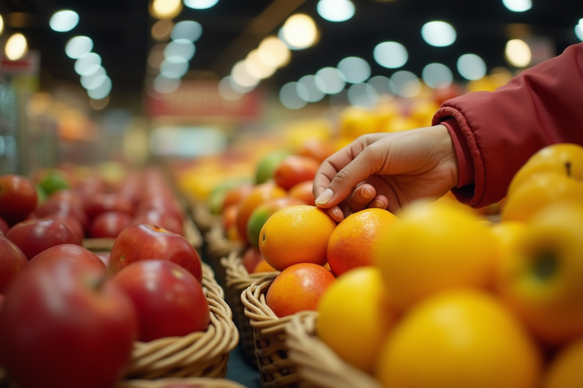 Main sélectionnant des fruits mûrs dans un panier en magasin