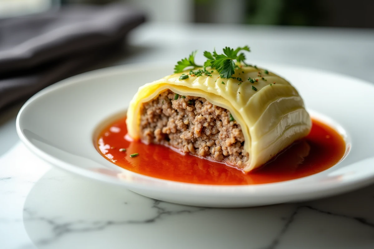 Chou farci coupé en deux sur assiette blanche révélant la farce juteuse à la viande hachée et au riz