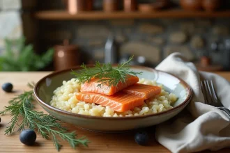 Assiette de choucroute aux poissons à la vapeur garnies de saumon et cabillaud avec aneth frais sur une table en chêne rustique