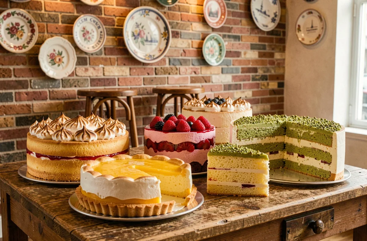 Assortiment de gâteaux colorés chez Clem & Gwen à Paris, avec tarte citron meringuée, charlotte aux fruits rouges et layer cake pistache