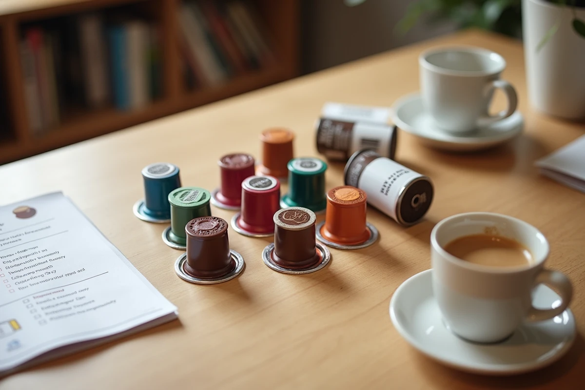 Assortiment de capsules compatibles Vertuo comparées sur un bureau en bois avec packaging et checklist d'achat