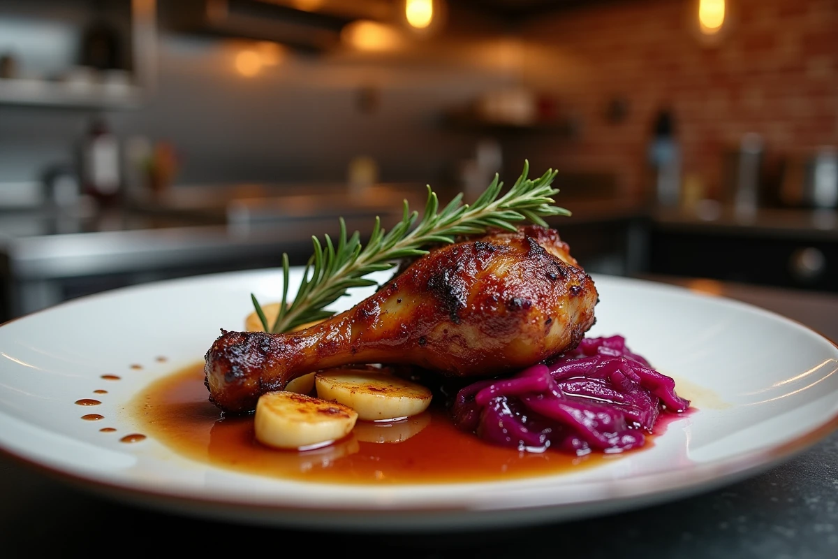 Confit de canard accompagné de chou rouge braisé aux pommes, présenté sur une assiette en porcelaine blanche dans un bistrot moderne