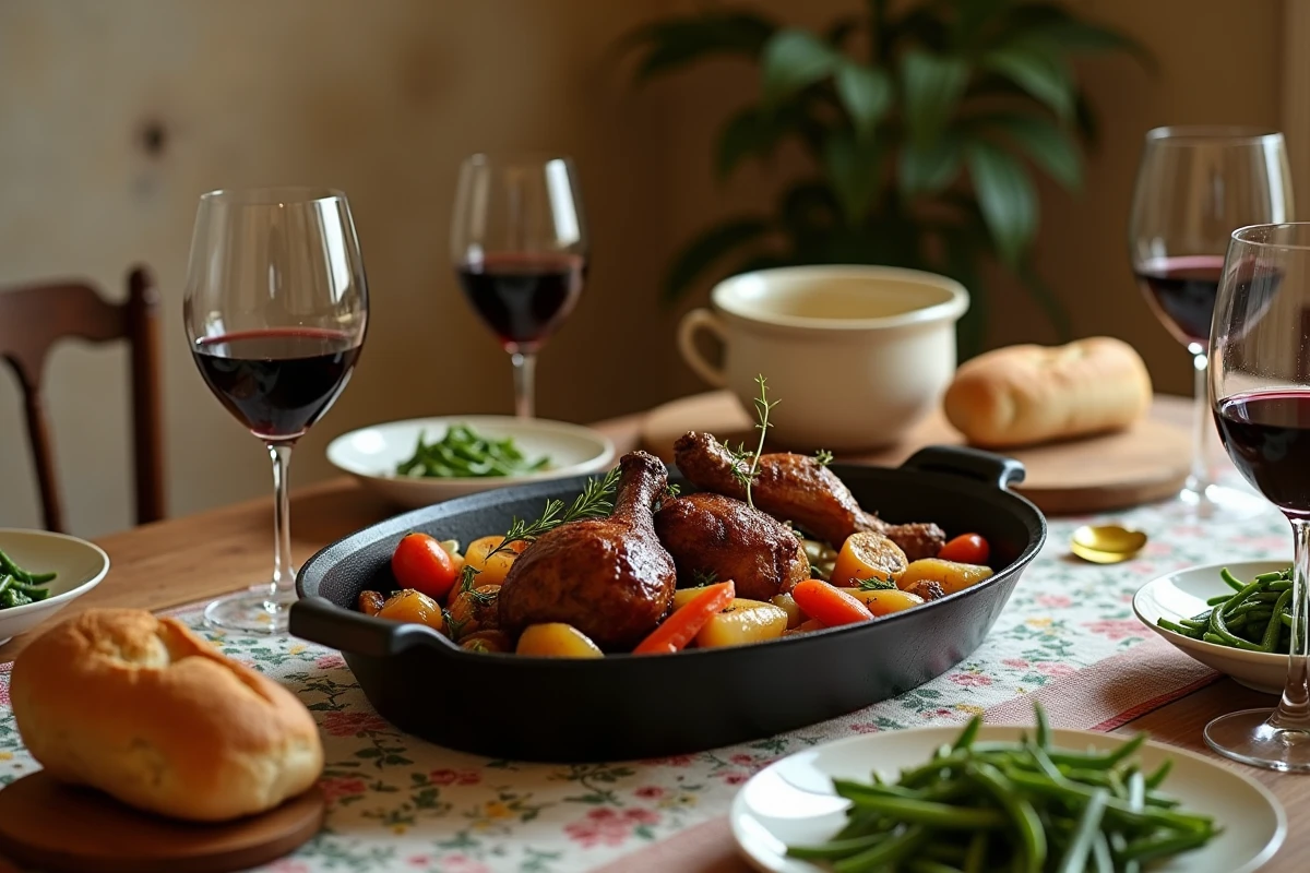 Plat familial de confits de canard aux légumes racines rôtis dans une cocotte en fonte, servi sur une table provençale conviviale