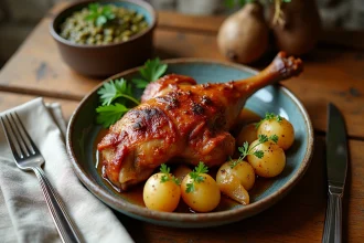 Confit de canard servi avec des pommes de terre sarladaises sur une assiette rustique en céramique, dans une cuisine campagnarde française
