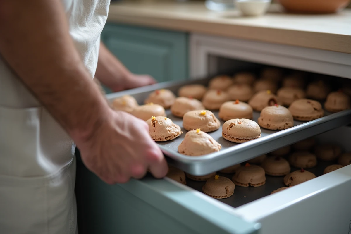 Boulanger amateur plaçant des coques macarons vides étiquetées dans un congélateur pour une conservation adaptée à la garniture prévue