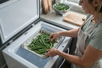 Femme disposant des haricots verts frais sur une plaque de congélation dans un petit congélateur pour optimiser l'espace