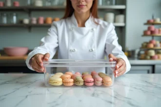 Cheffe pâtissière rangeant des coques macarons vides dans une boîte hermétique en verre sur un plan de travail en marbre