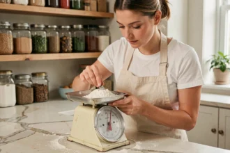 Femme mesurant de la farine sur une balance de cuisine analogique pour convertir des cuillères en grammes