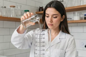 Femme en blouse blanche versant un liquide d'un bécher gradué en millilitres dans une éprouvette d'un litre en laboratoire de cuisine moderne