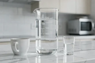 Éprouvette graduée contenant 100 millilitres d'eau posée sur un comptoir en marbre blanc avec un verre doseur de 10 cl pour comparaison de volume