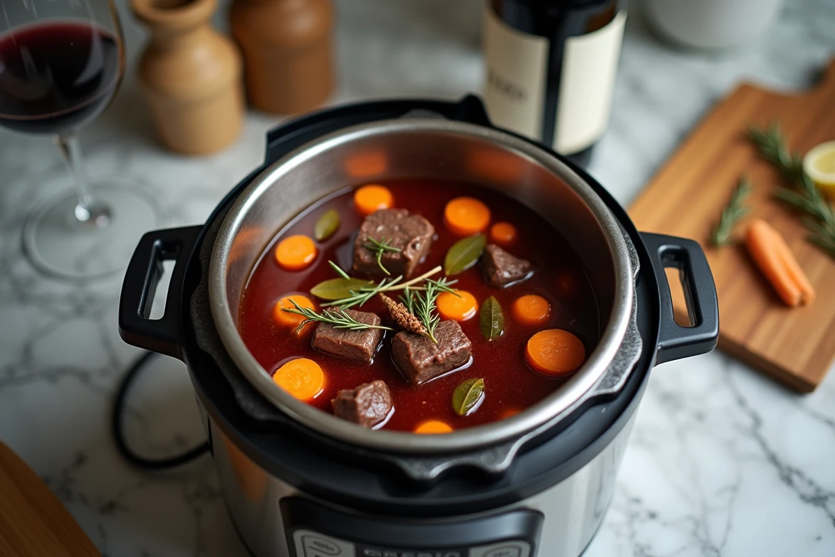 Cookeo ouvert sur un plan de travail de cuisine moderne contenant un boeuf carotte au vin rouge avec lardons et herbes