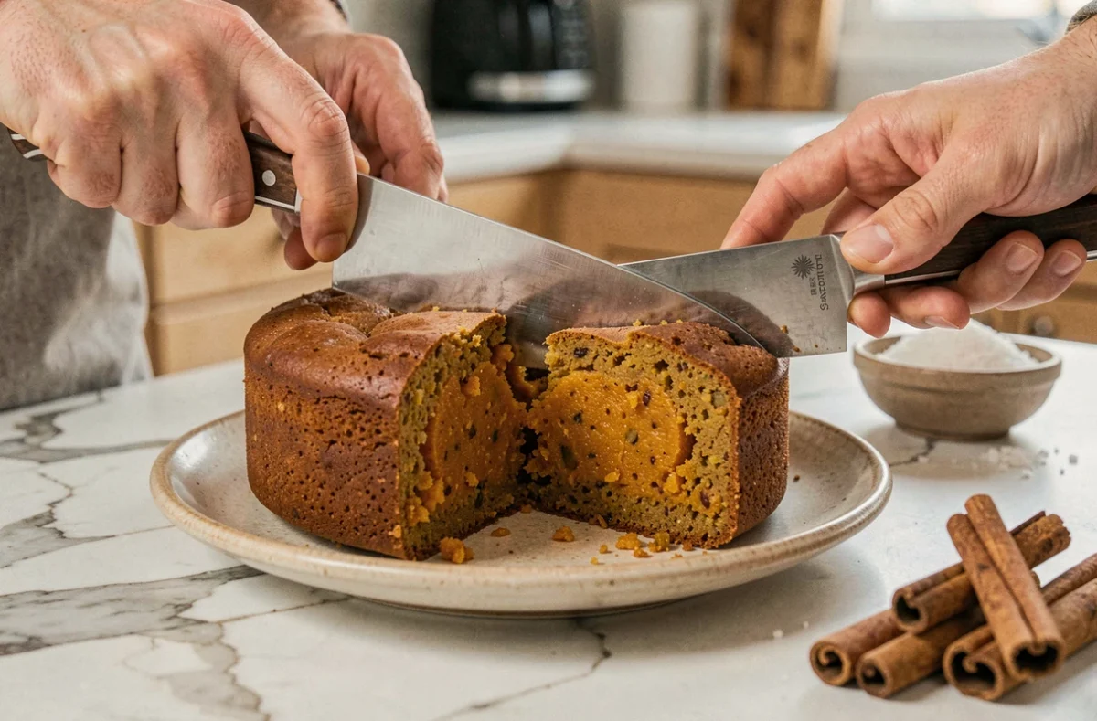Coupe d'un gâteau vegan à la patate douce révélant un intérieur moelleux et dense sur un plan de travail en marbre