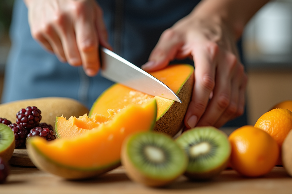 Mains coupant un cantaloupe et un kiwi frais