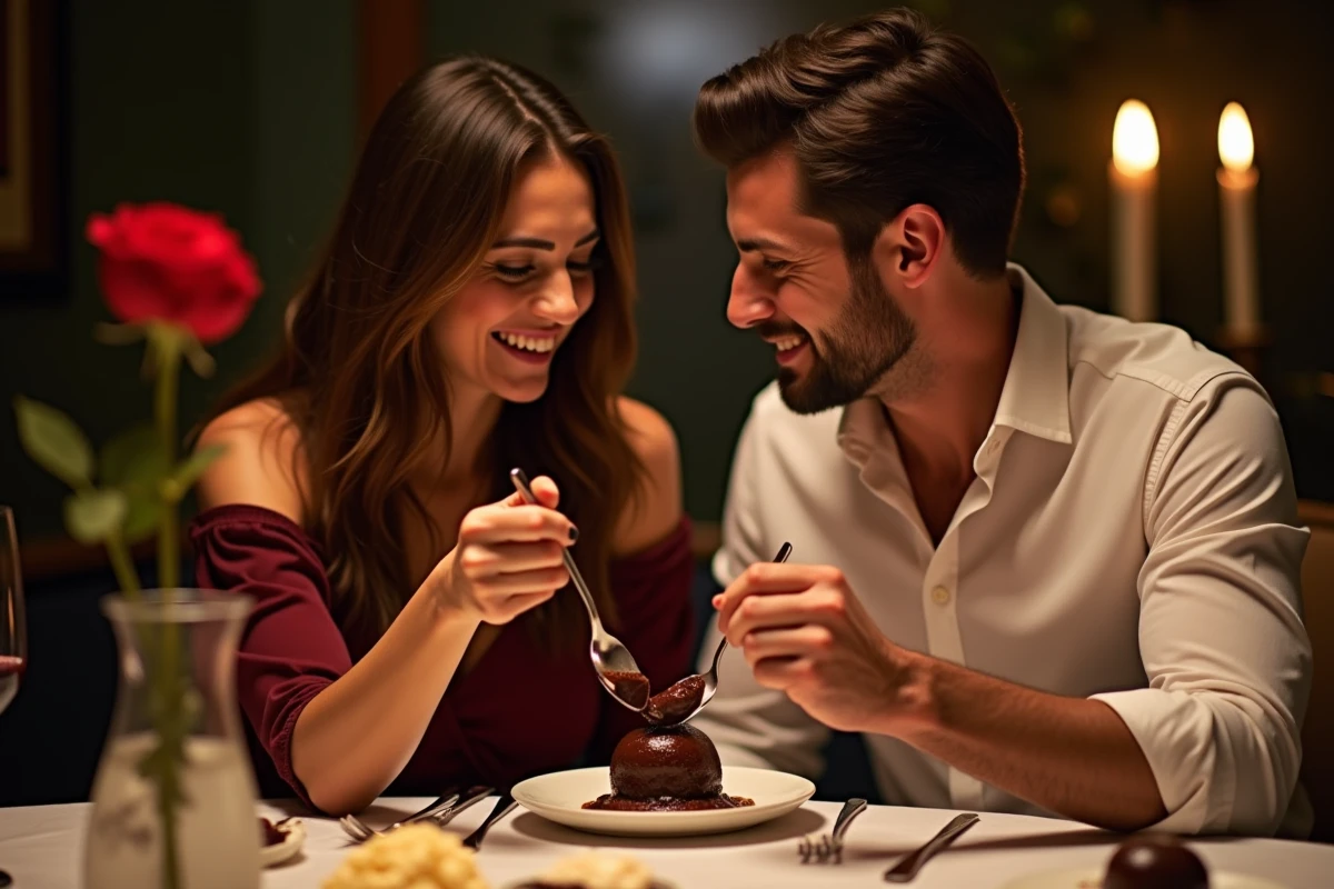 Couple partageant un fondant au chocolat lors d'un dîner en amoureux à la bougie