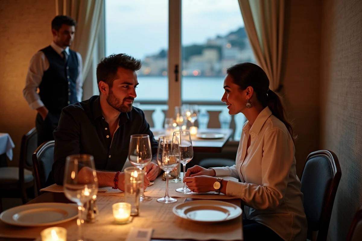Couple consultant le menu dégustation dans un restaurant étoilé de Marseille avec vue sur la côte