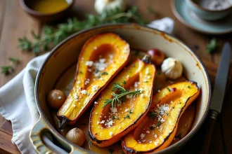 Courge longue de Nice rôtie au four dans un plat en céramique avec parmesan gratiné et ail confit