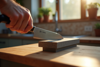 Main tenant un couteau de cuisine contre une pierre à aiguiser