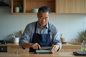 Homme japonais affûtant un couteau de cuisine dans une cuisine moderne