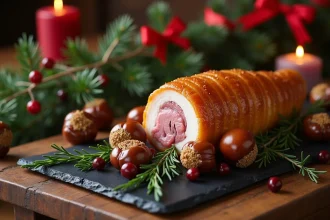 Crépinette de porc dorée sur ardoise entourée de marrons rôtis et herbes fraîches pour un repas de Noël festif