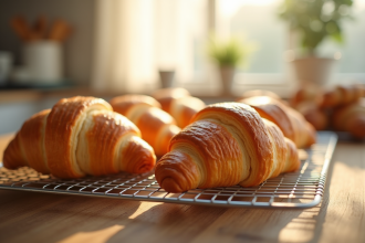 Croissants dorés en train de refroidir sur une grille dans une cuisine lumineuse