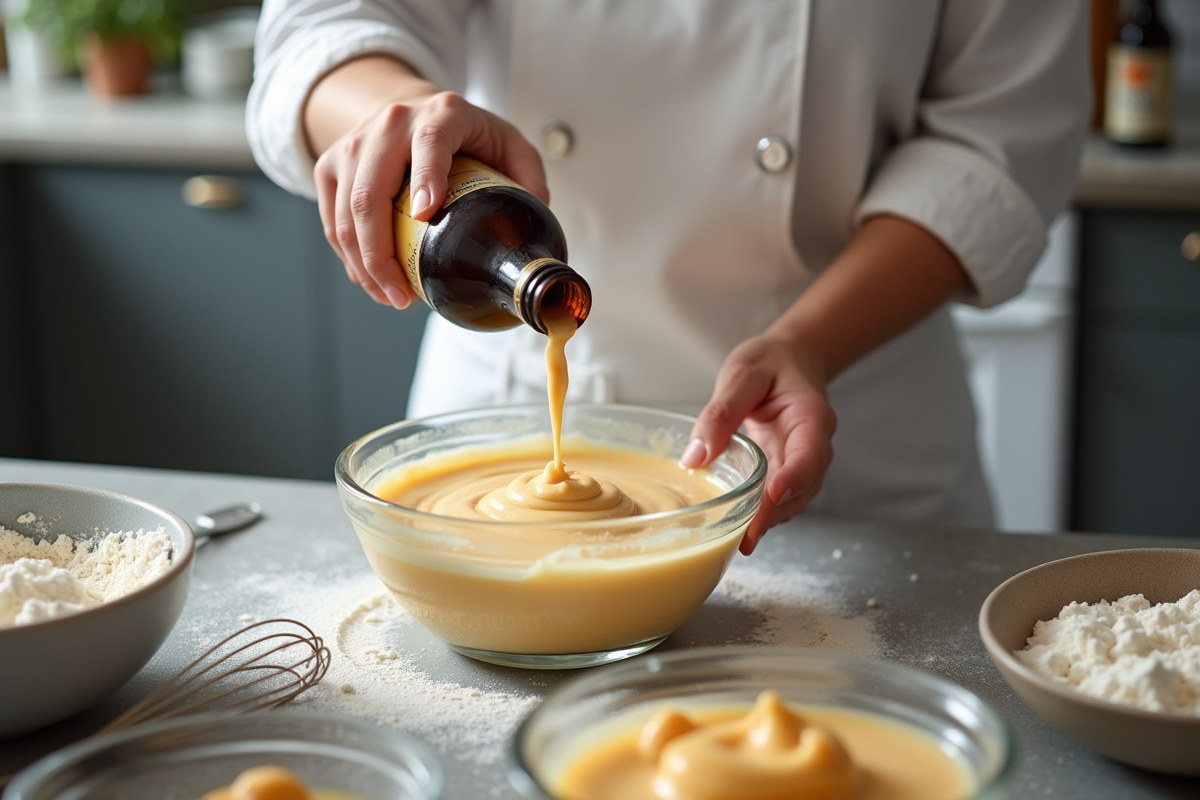 Aide en cuisine versant bière belge dans la pâte à gâteau