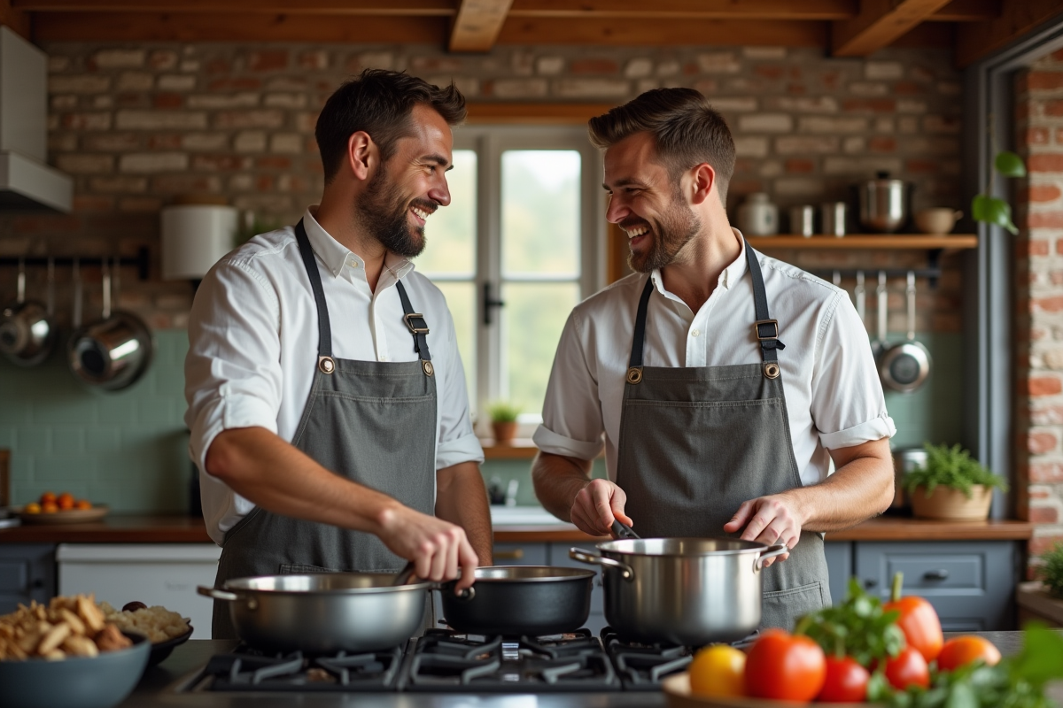 Deux hommes cuisinant ensemble avec casseroles en acier et fonte