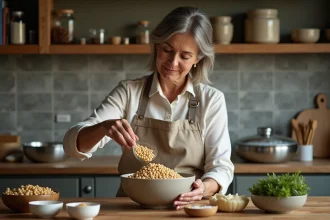 Femme versant des pois chiches dans un bol en cuisine