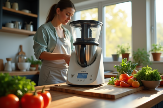 Cuisine moderne avec Thermomix en action et légumes frais