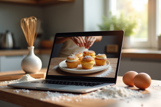 Ordinateur portable sur une table de cuisine avec compétition pâtisserie