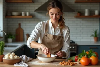 Femme en tablier trempant du poulet dans une marinade épicée