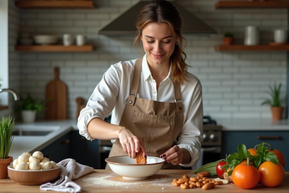 Femme en tablier trempant du poulet dans une marinade épicée