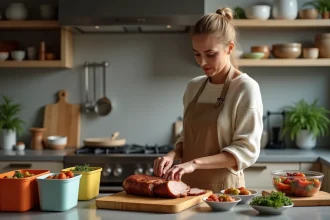 Femme préparant un rôti de porc dans une cuisine chaleureuse
