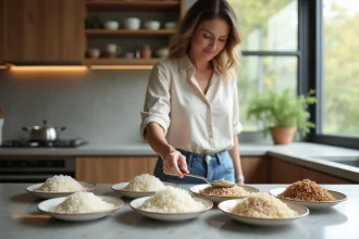 Femme préparant différents types de riz dans une cuisine moderne