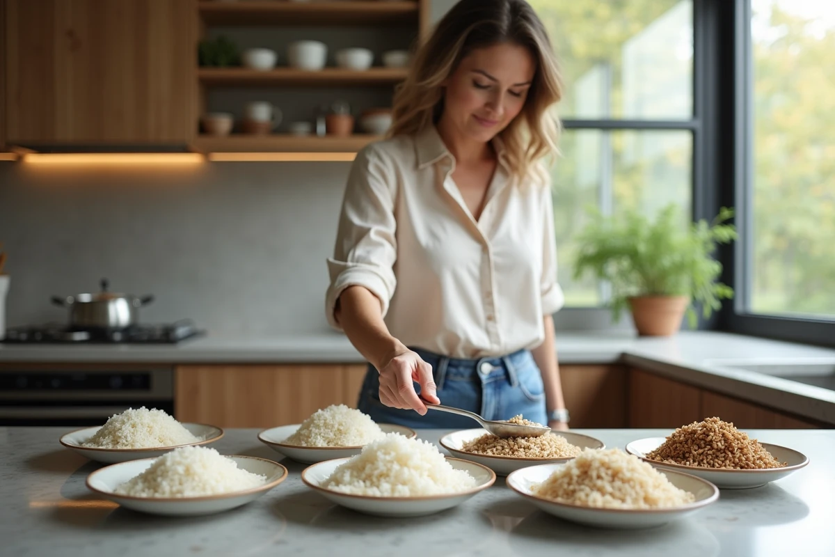 Femme préparant différents types de riz dans une cuisine moderne