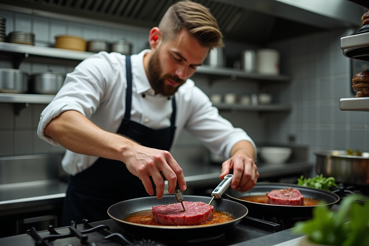 Jeune homme insérant un thermomètre dans une viande