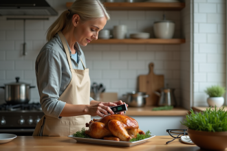 Femme en tablier insere un thermometre dans un poulet