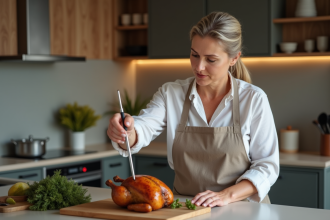 Femme en tablier vérifiant la température du poulet rôti